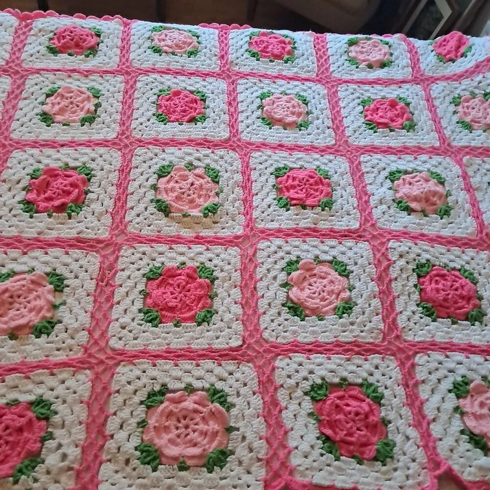 Crochet Granny Square 3D Pink Rose Afghan Throw Girlie Cottage Core